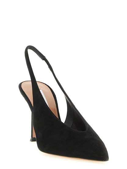 High-Heel Stiletto Slingback Pumps Heels by Aquazzura for women in suede leather black & gold features a effortless chic silhouette, showcasing the V Logo Women's Suede Leather High-Heel Stiletto Slingback Pumps Heels design with a effortless chic stiletto high-heel and for a effortless chic finish.