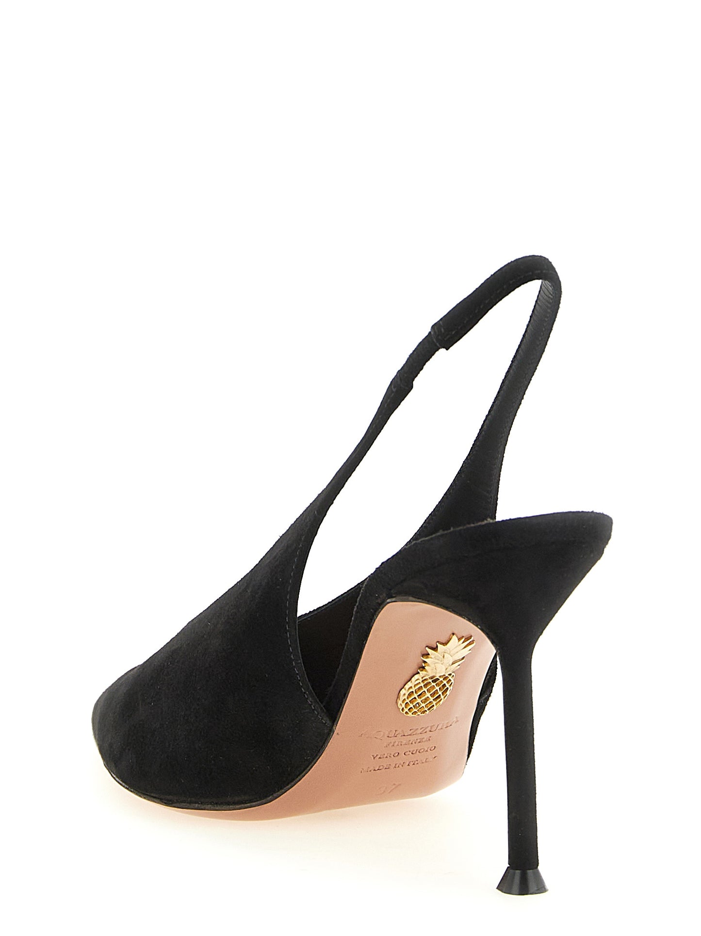 High-Heel Stiletto Slingback Pumps Heels by Aquazzura for women in suede leather black & gold features an effortlessly chic silhouette from the V Logo Women's Suede Leather High-Heel Stiletto Slingback Pumps Heels collection, showcasing a stiletto high-heel and effortlessly chic for a effortlessly chic look.