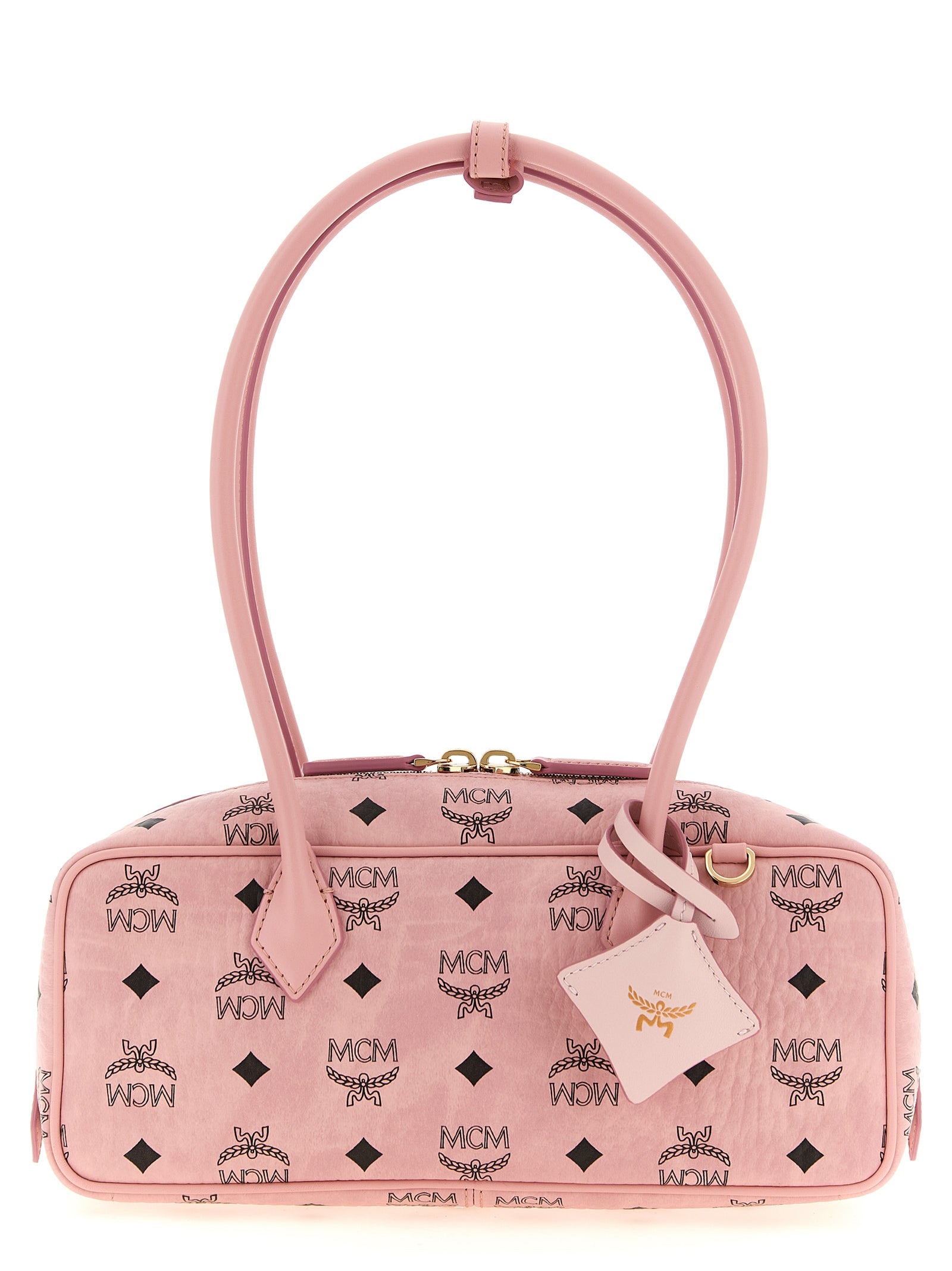 East West Shoulder Bag by MCM for women in suede polyethylene leather & coated canvas gold, multicolor, pink, patterned & monogram features a effortless chic silhouette with a secure zipper, ample cardholder, and versatile shoulder-strap, detachable-strap & handle for a effortless chic finish.
