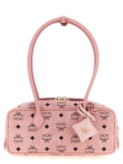 East West Shoulder Bag by MCM for women in suede polyethylene leather & coated canvas gold, multicolor, pink, patterned & monogram features a effortless chic silhouette with a secure zipper, ample cardholder, and versatile shoulder-strap, detachable-strap & handle for a effortless chic finish.