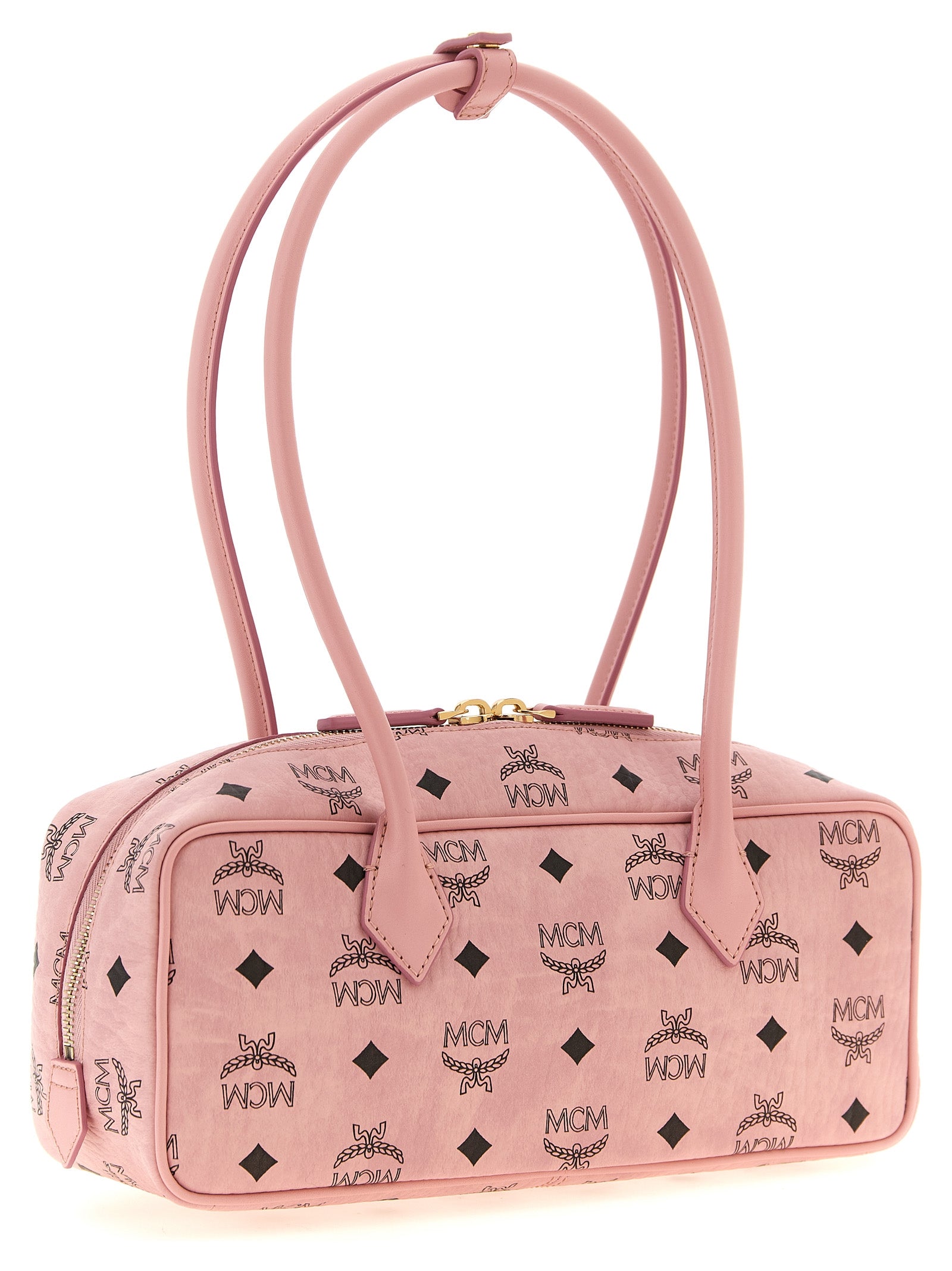 East West Shoulder Bag by MCM for women in suede polyethylene leather & coated canvas gold, multicolor, pink, patterned & monogram features a distinguished silhouette, showcasing a secure zipper and distinguished cardholder with versatile shoulder-strap, detachable-strap & handle for a distinguished finish.