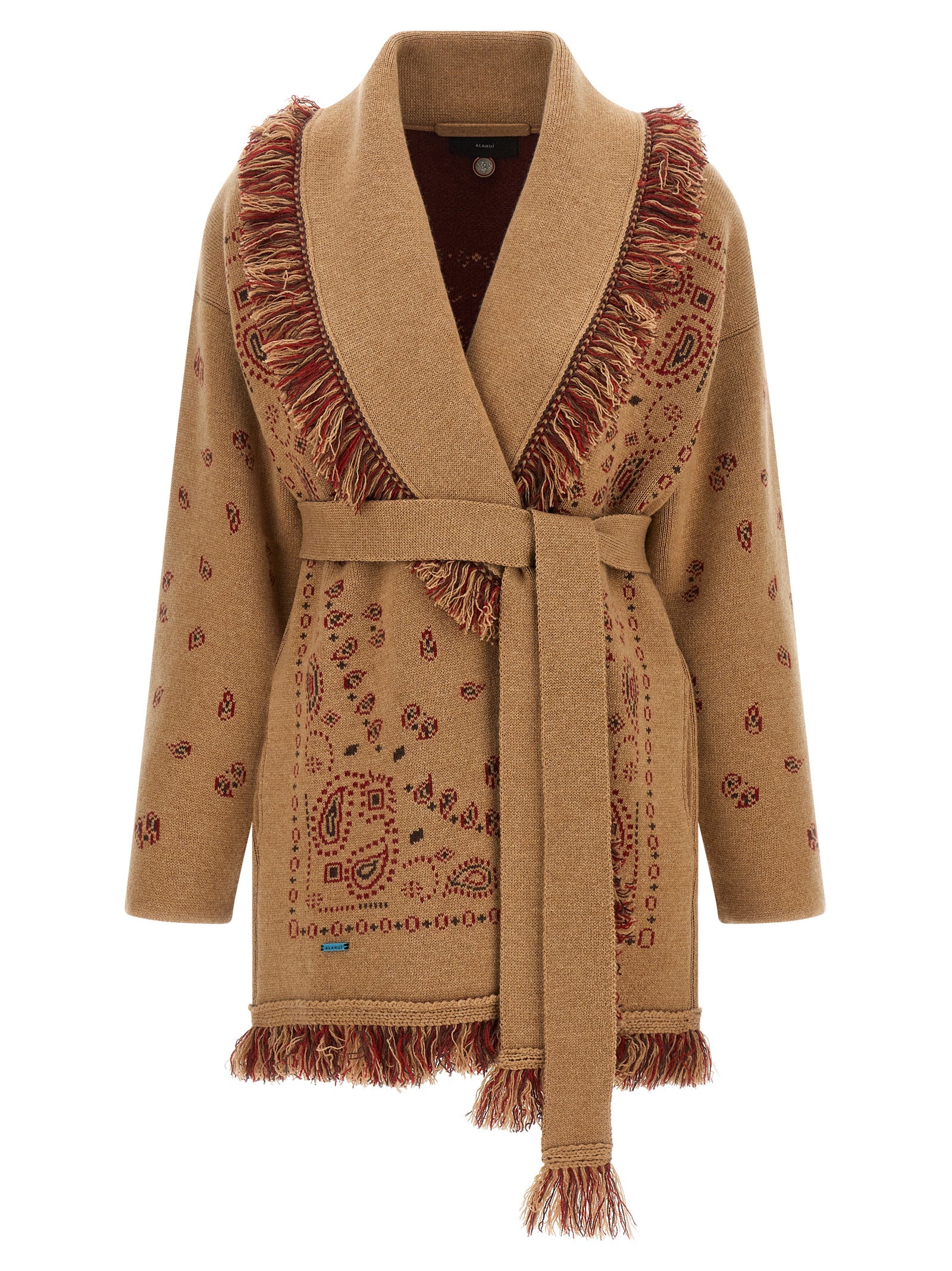 Cardigan by Alanui for women in cashmere beige, blue, camel, patterned & jacquard showcases a captivating silhouette, artfully detailed with a captivating and shawl-collar neckline for a truly sophisticated captivating look.