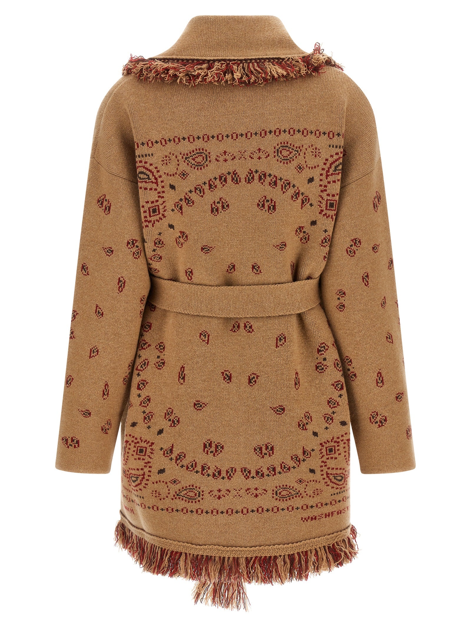 Cardigan by Alanui for women in cashmere beige, blue, camel, patterned & jacquard showcases a luxurious silhouette, meticulously detailed with a sophisticated shawl-collar neckline and for a refined finish.