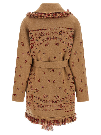Cardigan by Alanui for women in cashmere beige, blue, camel, patterned & jacquard showcases a luxurious silhouette, meticulously detailed with a sophisticated shawl-collar neckline and for a refined finish.