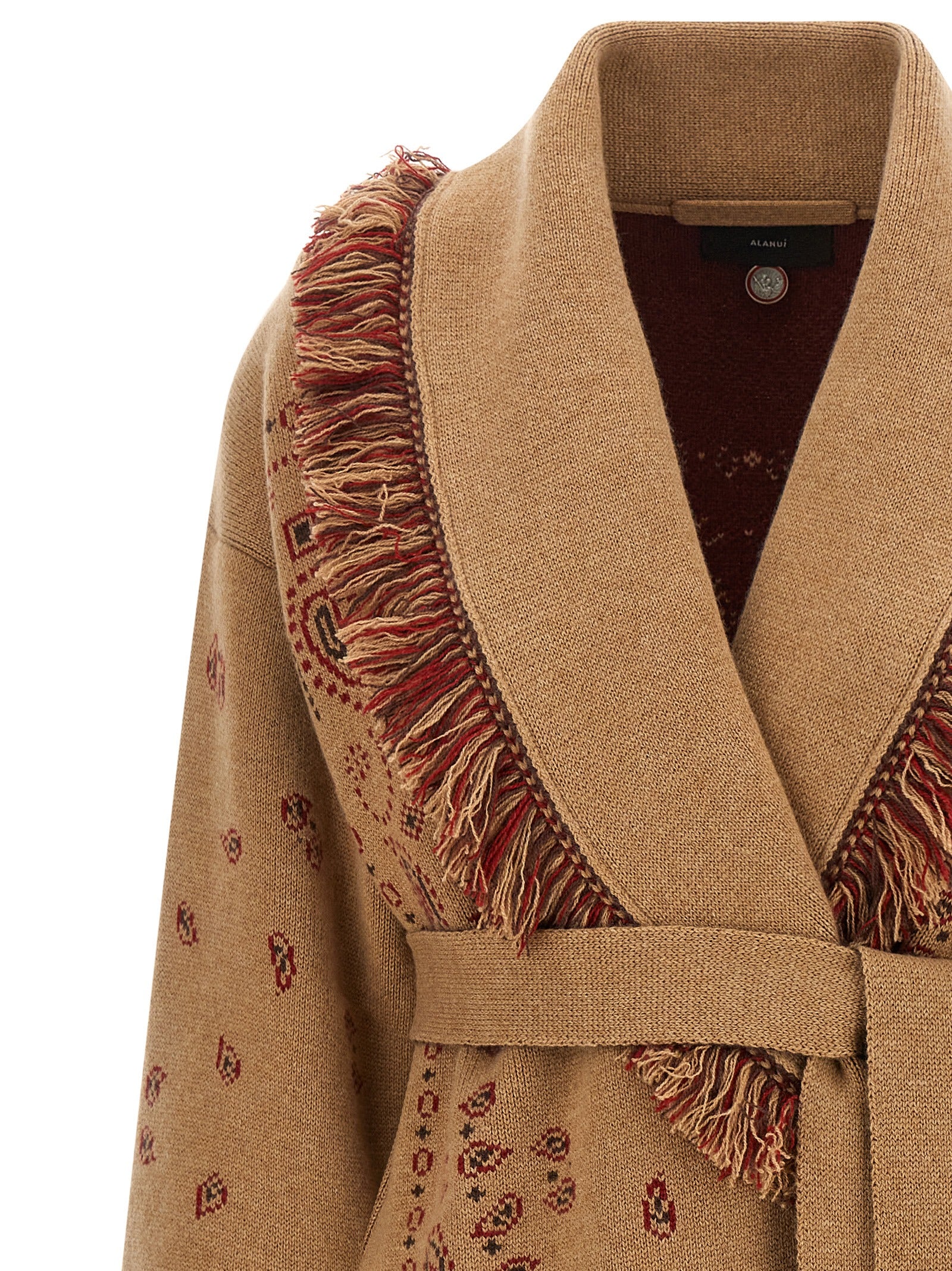 Cardigan by Alanui for women in cashmere beige, blue, camel, patterned & jacquard presents a textural silhouette, artfully finished with a textural shawl-collar neckline and for a sophisticated, textural look.