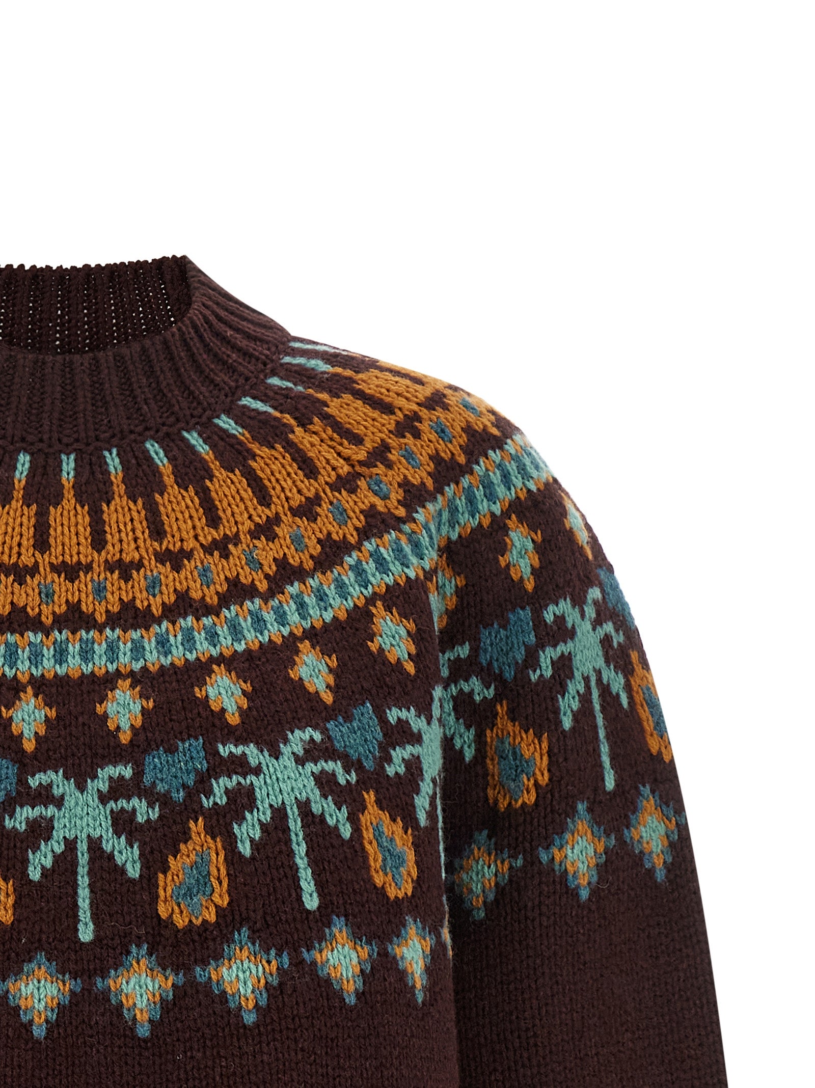Cardigan by Alanui for women in virgin wool brown, patterned & jacquard features a dramatic silhouette, showcasing a sophisticated crew neckline and dramatic detail for a timeless, premium look.