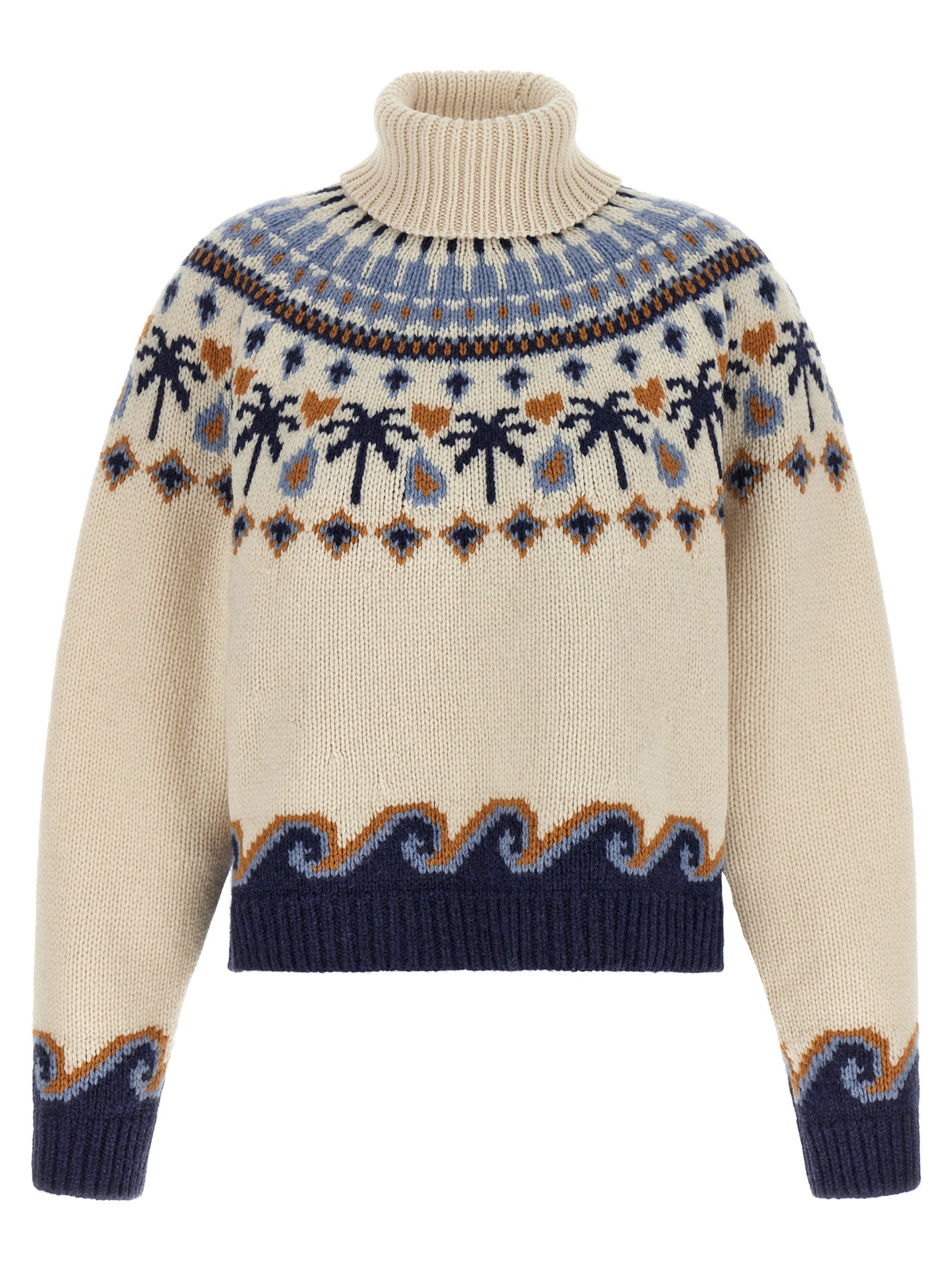 Cardigan by Alanui for women in virgin wool camel, multicolor, navy, patterned & jacquard showcases a luxurious silhouette, meticulously detailed with a sophisticated turtle high-neck neckline and for a refined finish.