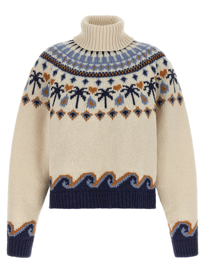 Cardigan by Alanui for women in virgin wool camel, multicolor, navy, patterned & jacquard showcases a luxurious silhouette, meticulously detailed with a sophisticated turtle high-neck neckline and for a refined finish.
