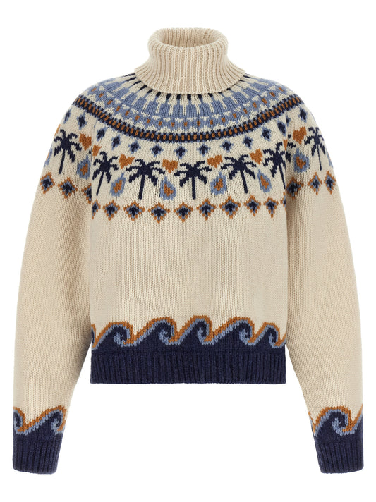 Cardigan by Alanui for women in virgin wool camel, multicolor, navy, patterned & jacquard showcases a luxurious silhouette, meticulously detailed with a sophisticated turtle high-neck neckline and for a refined finish.