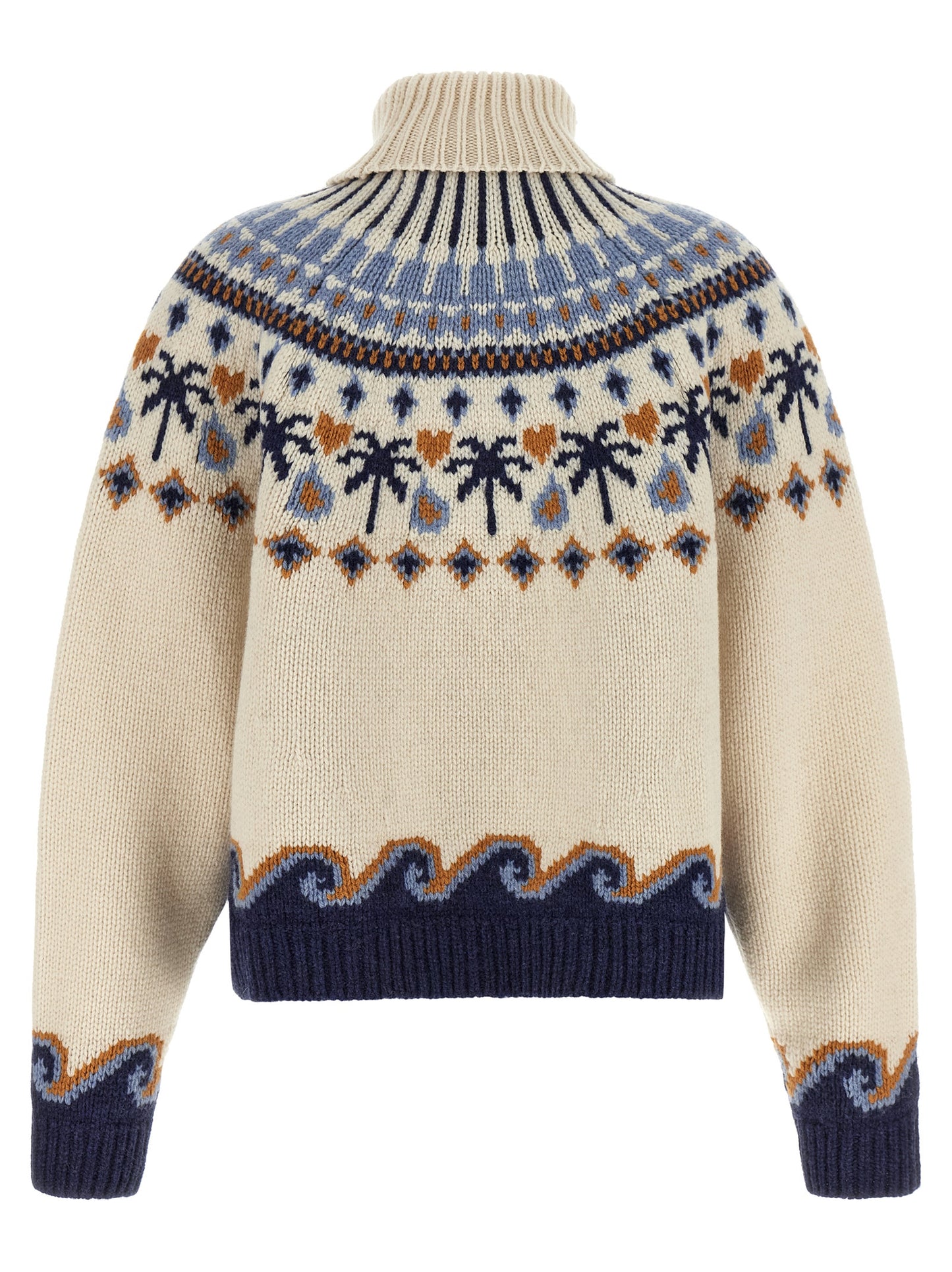 Cardigan by Alanui for women in virgin wool camel, multicolor, navy, patterned & jacquard features an impeccable silhouette, showcasing a sophisticated turtle high-neck neckline and detail for a truly impeccable finish.
