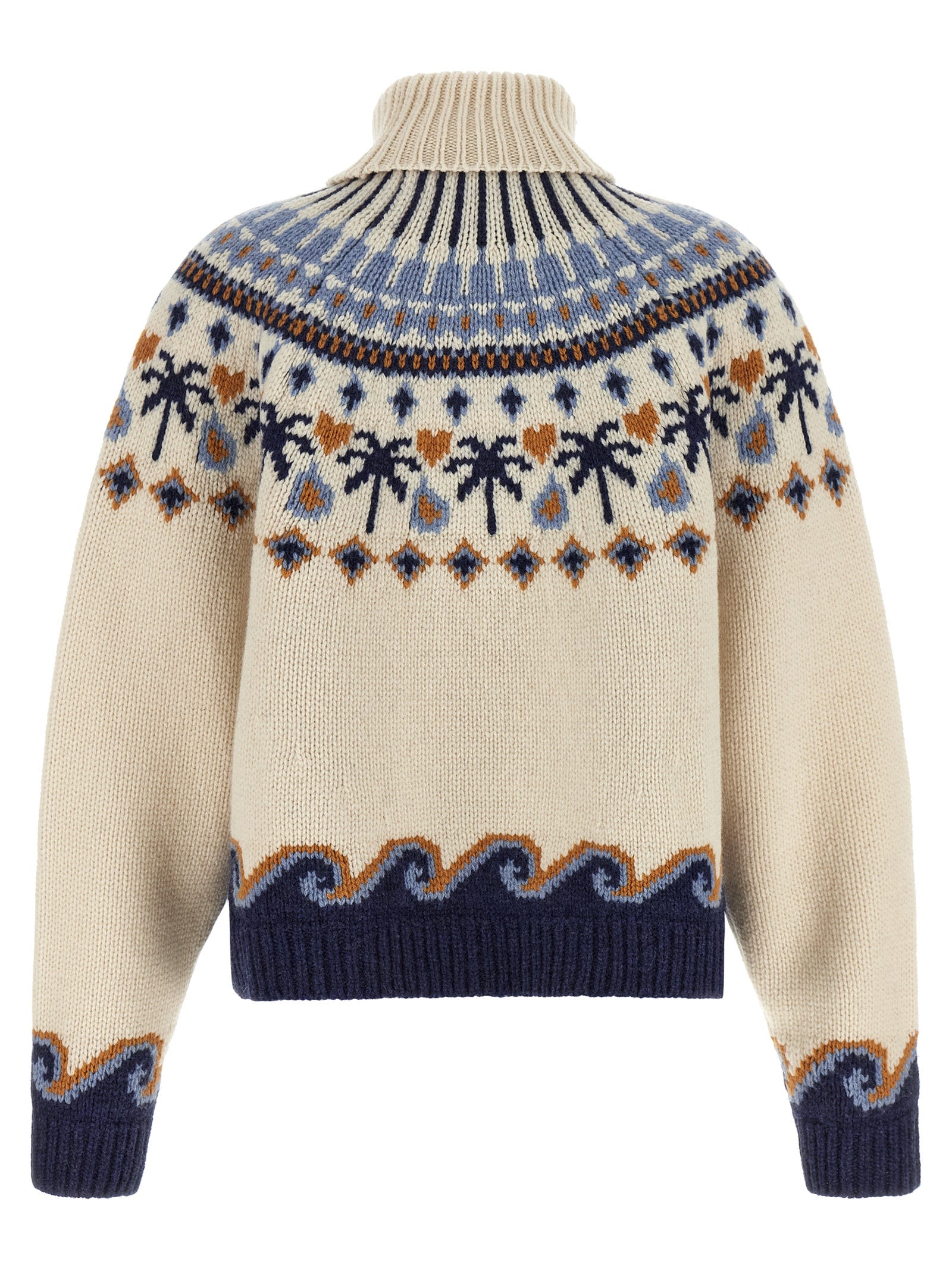 Cardigan by Alanui for women in virgin wool camel, multicolor, navy, patterned & jacquard features an impeccable silhouette, showcasing a sophisticated turtle high-neck neckline and detail for a truly impeccable finish.