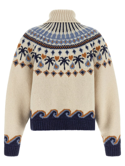 Cardigan by Alanui for women in virgin wool camel, multicolor, navy, patterned & jacquard features an impeccable silhouette, showcasing a sophisticated turtle high-neck neckline and detail for a truly impeccable finish.
