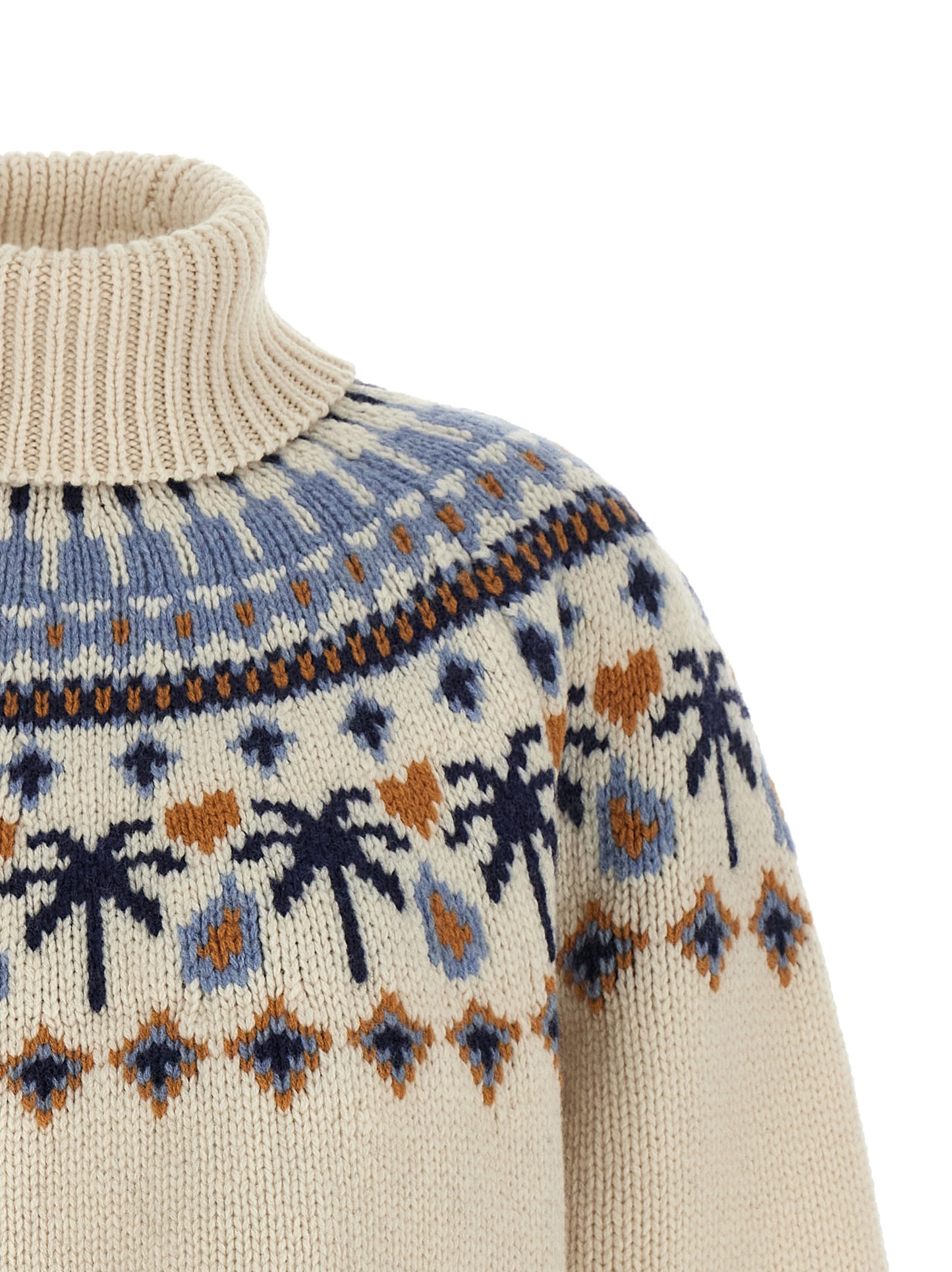 Cardigan by Alanui for women in virgin wool camel, multicolor, navy, patterned & jacquard features a dramatic silhouette, showcasing a sophisticated turtle high-neck neckline and dramatic detail for a timeless, premium look.