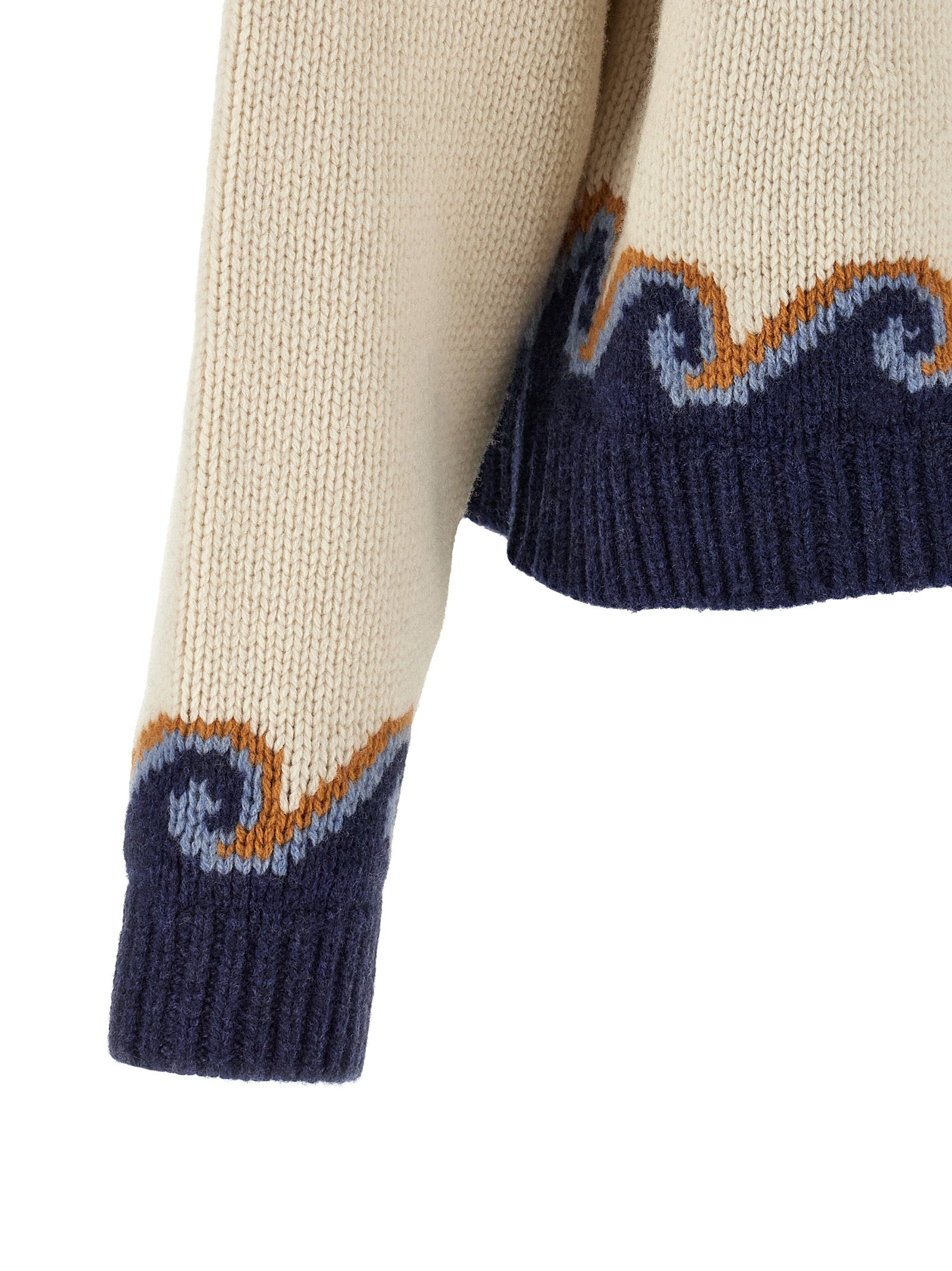 Cardigan by Alanui for women in virgin wool camel, multicolor, navy, patterned & jacquard presents a textural silhouette, artfully finished with a textural and for a sophisticated, textural look.