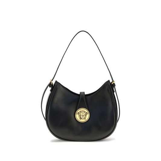 Small Shoulder Hobo Bag by Versace for women in bos taurus calf & lambskin leather black & gold features an effortlessly chic silhouette with a secure , ample , and versatile shoulder-strap for effortlessly chic everyday luxury.