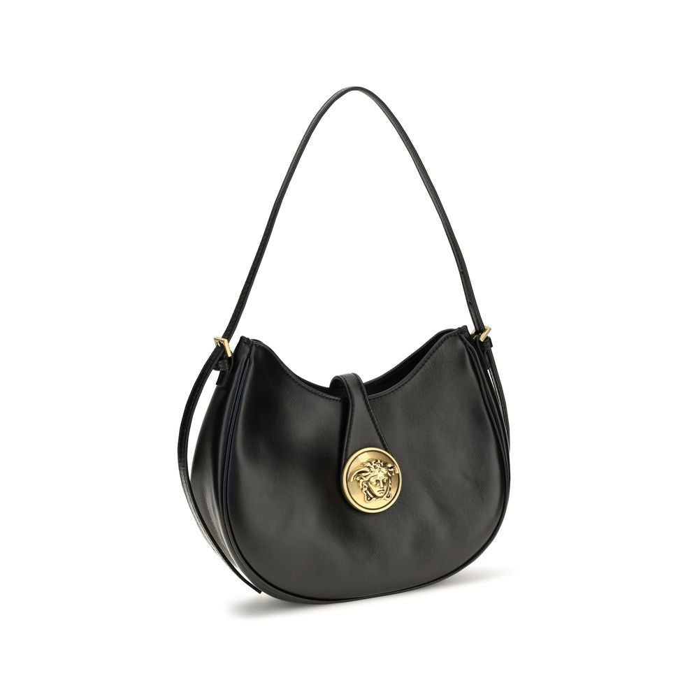 Small Shoulder Hobo Bag by Versace for women in bos taurus calf & lambskin leather black & gold showcases a enviable silhouette, artfully detailed with a secure , organized , and versatile shoulder-strap for a enviable look.