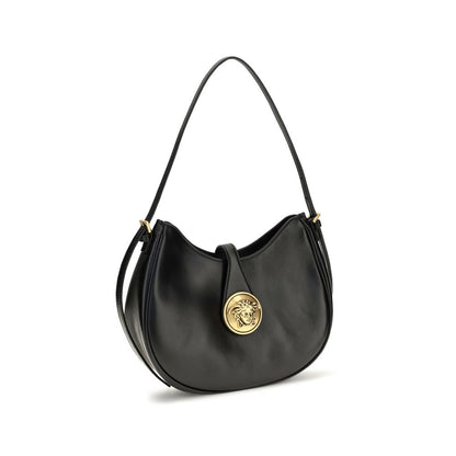 Small Shoulder Hobo Bag by Versace for women in bos taurus calf & lambskin leather black & gold showcases a enviable silhouette, artfully detailed with a secure , organized , and versatile shoulder-strap for a enviable look.