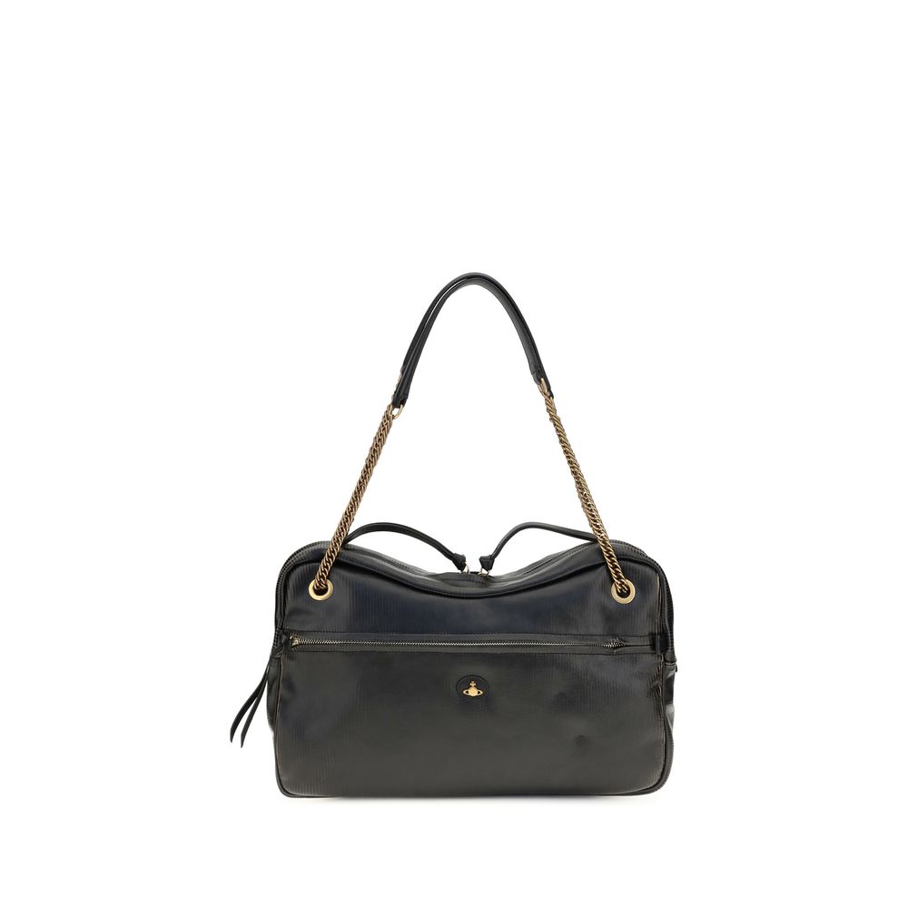 Large Shoulder Bag by Vivienne Westwood for women in bos taurus calf leather black, gold & jacquard features a distinguished silhouette, showcasing a secure zipper and distinguished with versatile shoulder-strap for a distinguished finish.