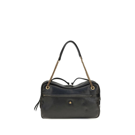 Large Shoulder Bag by Vivienne Westwood for women in bos taurus calf leather black, gold & jacquard features a distinguished silhouette, showcasing a secure zipper and distinguished with versatile shoulder-strap for a distinguished finish.