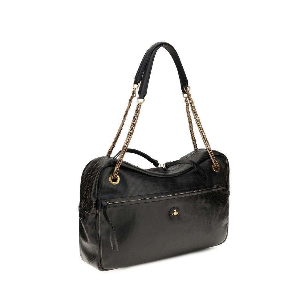 Large Shoulder Bag by Vivienne Westwood for women in bos taurus calf leather black, gold & jacquard features a effortless sophistication silhouette, secured by a zipper with ample and versatile shoulder-strap for a effortless sophistication finish.