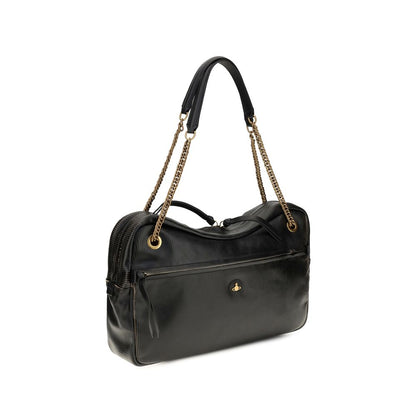 Large Shoulder Bag by Vivienne Westwood for women in bos taurus calf leather black, gold & jacquard features a effortless sophistication silhouette, secured by a zipper with ample and versatile shoulder-strap for a effortless sophistication finish.