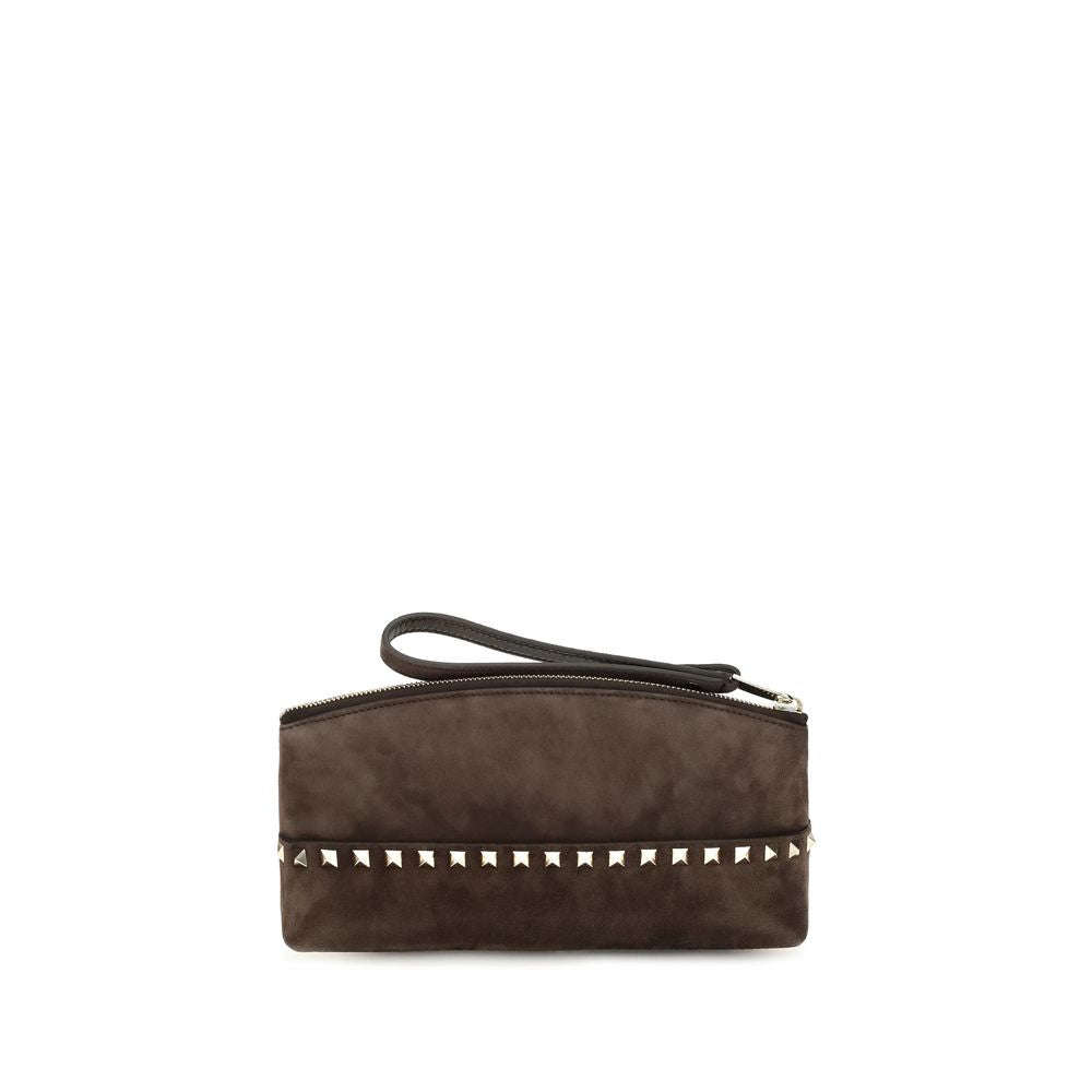Pouch Handbag by Valentino Garavani for women in suede leather brown & signature features a refined silhouette, showcasing a secure zipper, organized , and versatile for a refined finish.
