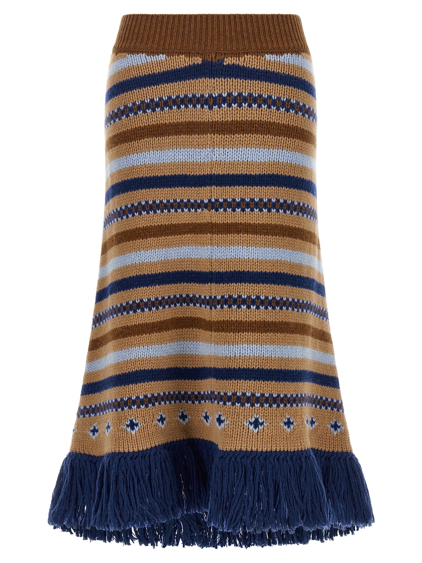 Skirt by Alanui for women in virgin wool blue, camel, multicolor, patterned, jacquard & signature features an relaxed-yet-refined silhouette that elegantly showcases the Women's Flared Asymmetrical Virgin Wool Midi Skirt design and sophisticated midi.