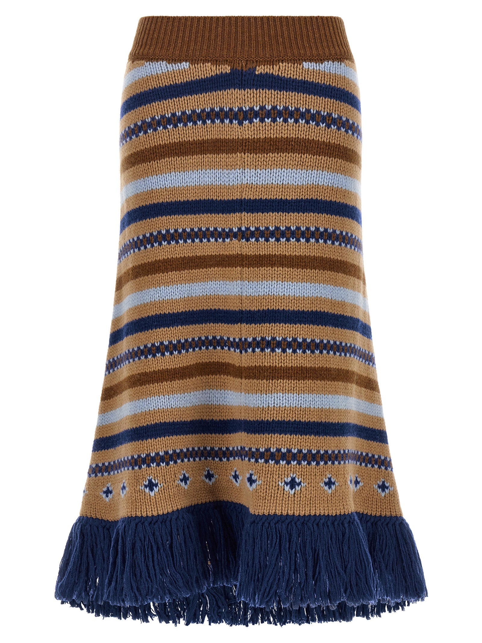 Skirt by Alanui for women in virgin wool blue, camel, multicolor, patterned, jacquard & signature features an relaxed-yet-refined silhouette that elegantly showcases the Women's Flared Asymmetrical Virgin Wool Midi Skirt design and sophisticated midi.