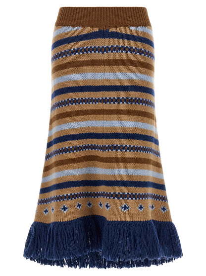 Skirt by Alanui for women in virgin wool blue, camel, multicolor, patterned, jacquard & signature features an relaxed-yet-refined silhouette that elegantly showcases the Women's Flared Asymmetrical Virgin Wool Midi Skirt design and sophisticated midi.