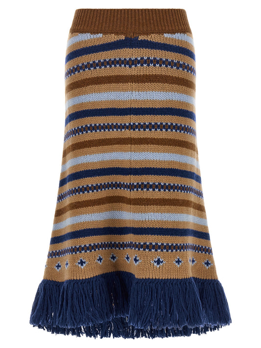 Skirt by Alanui for women in virgin wool blue, camel, multicolor, patterned, jacquard & signature features an relaxed-yet-refined silhouette that elegantly showcases the Women's Flared Asymmetrical Virgin Wool Midi Skirt design and sophisticated midi.