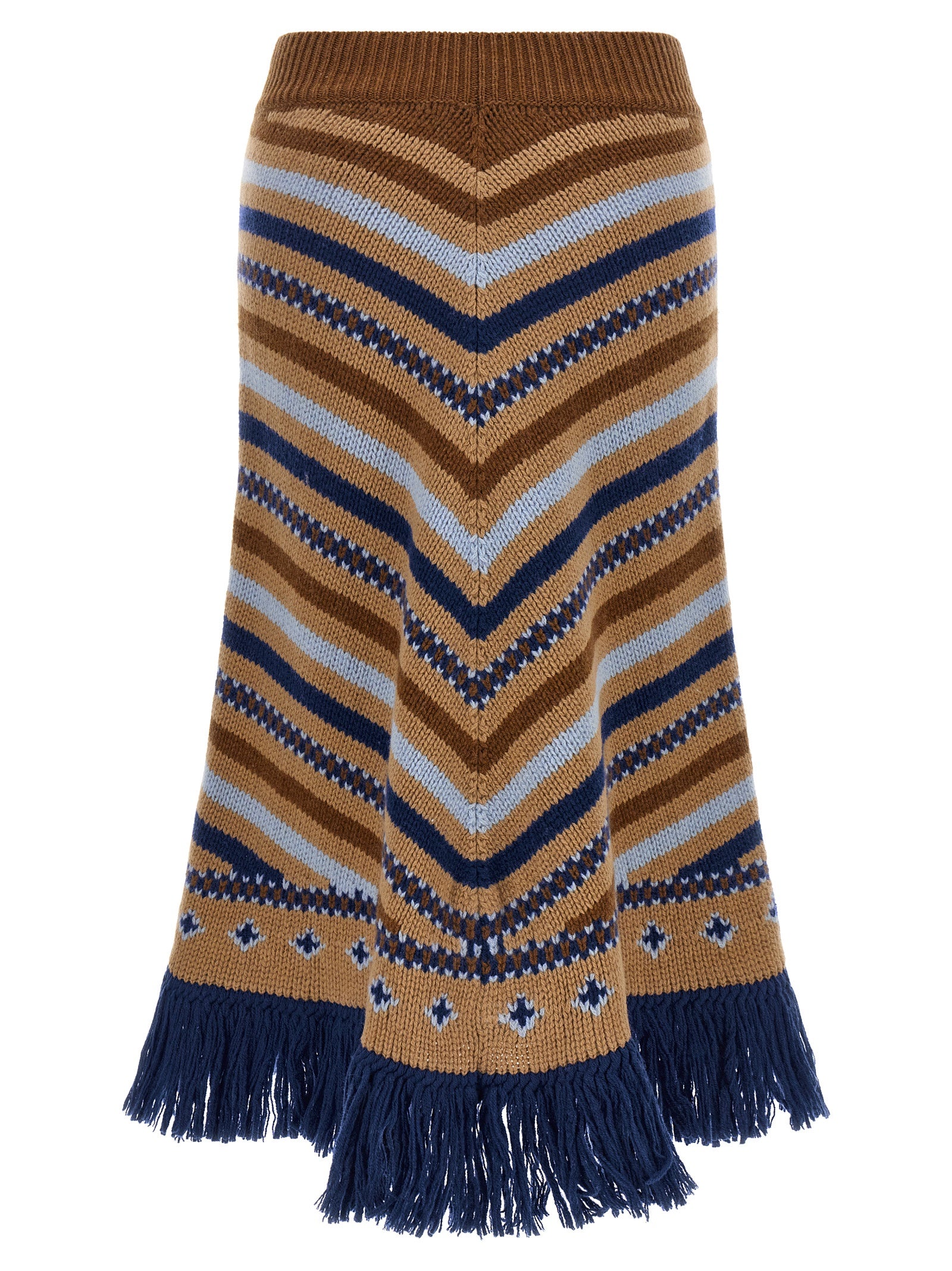 Skirt by Alanui for women in virgin wool blue, camel, multicolor, patterned, jacquard & signature features a contoured silhouette from the Women's Flared Asymmetrical Virgin Wool Midi Skirt collection, characterized by its contoured midi for a contoured finish.