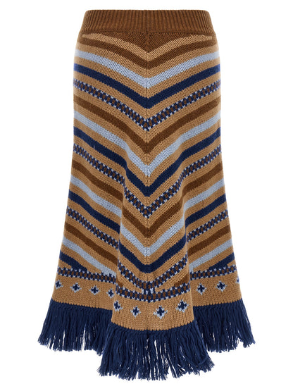 Skirt by Alanui for women in virgin wool blue, camel, multicolor, patterned, jacquard & signature features a contoured silhouette from the Women's Flared Asymmetrical Virgin Wool Midi Skirt collection, characterized by its contoured midi for a contoured finish.