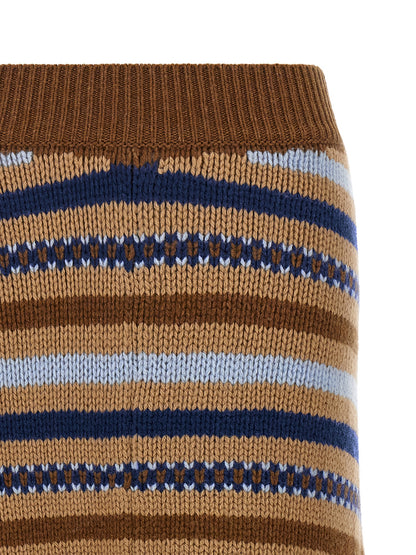 Skirt by Alanui for women in virgin wool blue, camel, multicolor, patterned, jacquard & signature showcases a dramatic silhouette, artfully capturing the essence of the Women's Flared Asymmetrical Virgin Wool Midi Skirt in a dramatic midi cut for a refined look.
