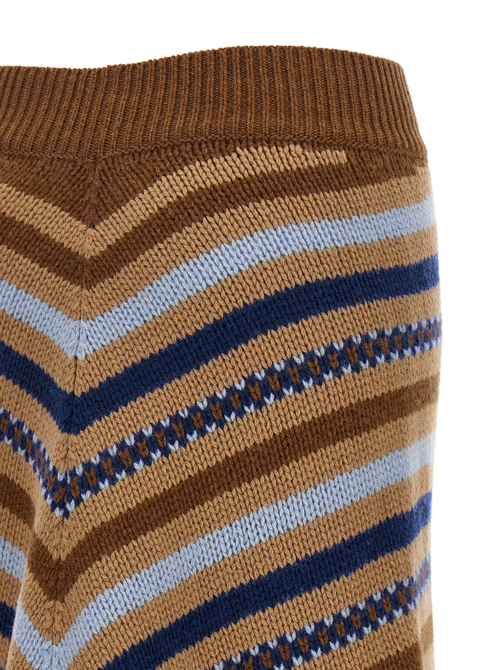 Skirt by Alanui for women in virgin wool blue, camel, multicolor, patterned, jacquard & signature features an tailored silhouette, artfully capturing the essence of Women's Flared Asymmetrical Virgin Wool Midi Skirt in a sophisticated midi.