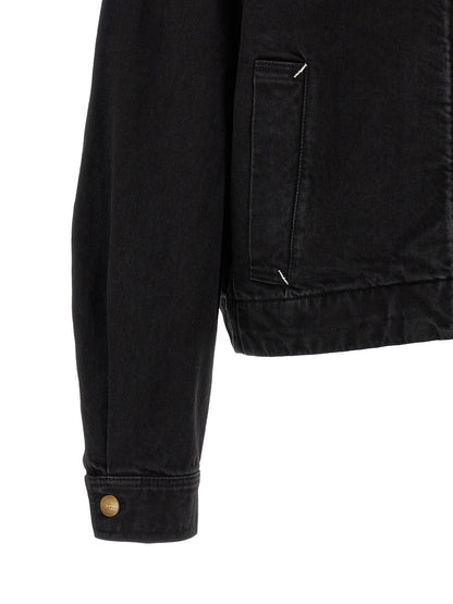 Trucker Jacket by Jacquemus for men in denim cotton black & white features a dramatic silhouette, showcasing a sophisticated and distinctive pockets for a dramatic aesthetic.