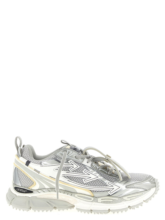 Athletic Sneakers by Off-White for men in polyester leather silver & white showcases a architectural silhouette, artfully capturing the essence of the Men's Athletic Polyester Leather Sneakers with its signature architectural athletic style construction.