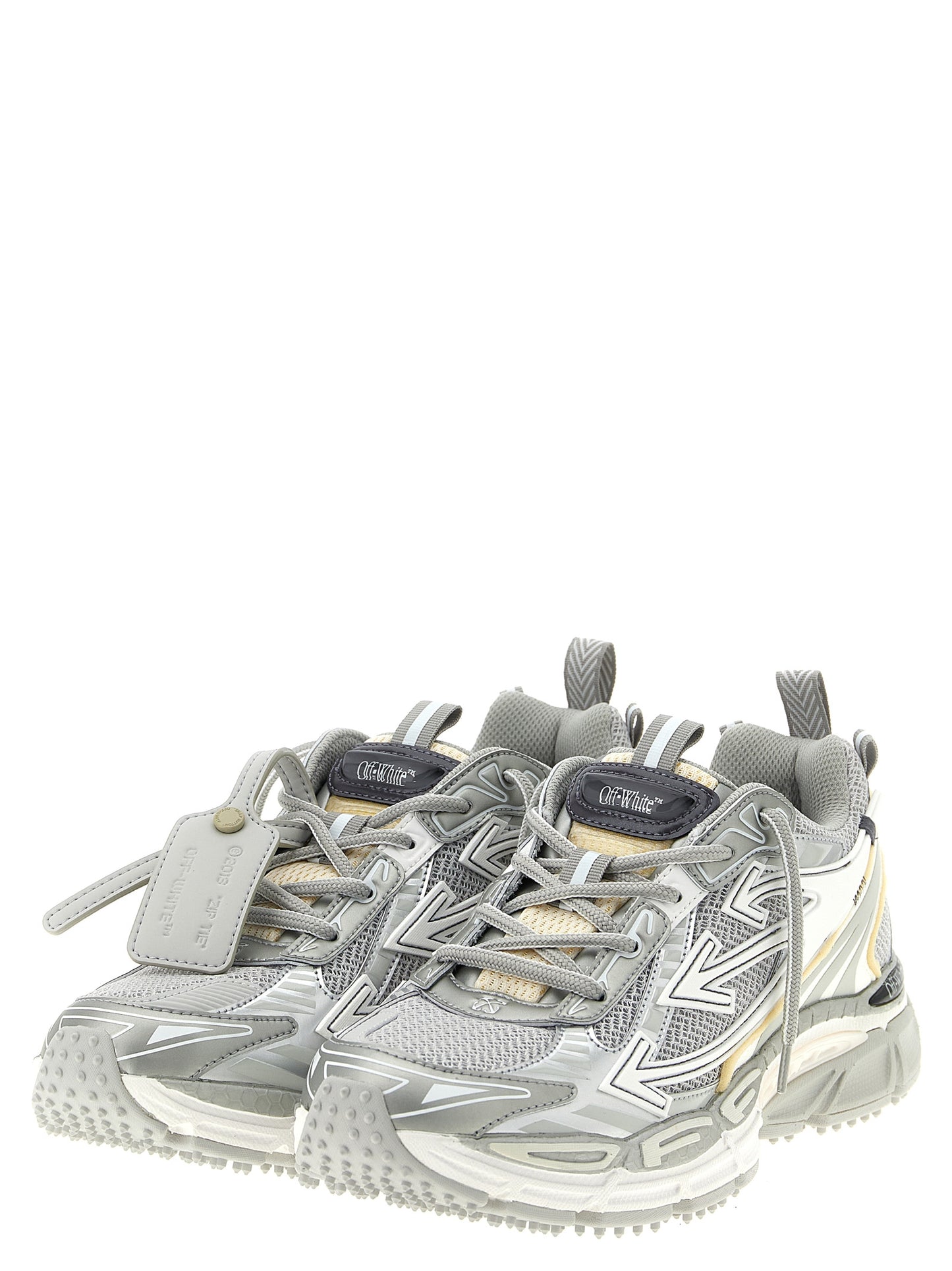 Athletic Sneakers by Off-White for men in polyester leather silver & white features an exquisite silhouette, showcasing the premium athletic style of the Men's Athletic Polyester Leather Sneakers with an exquisite finish.