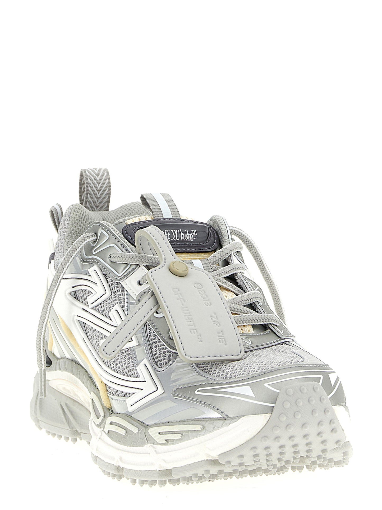 Athletic Sneakers by Off-White for men in polyester leather silver & white features an timeless silhouette from the Men's Athletic Polyester Leather Sneakers collection, showcasing a timeless athletic style for a timeless look.