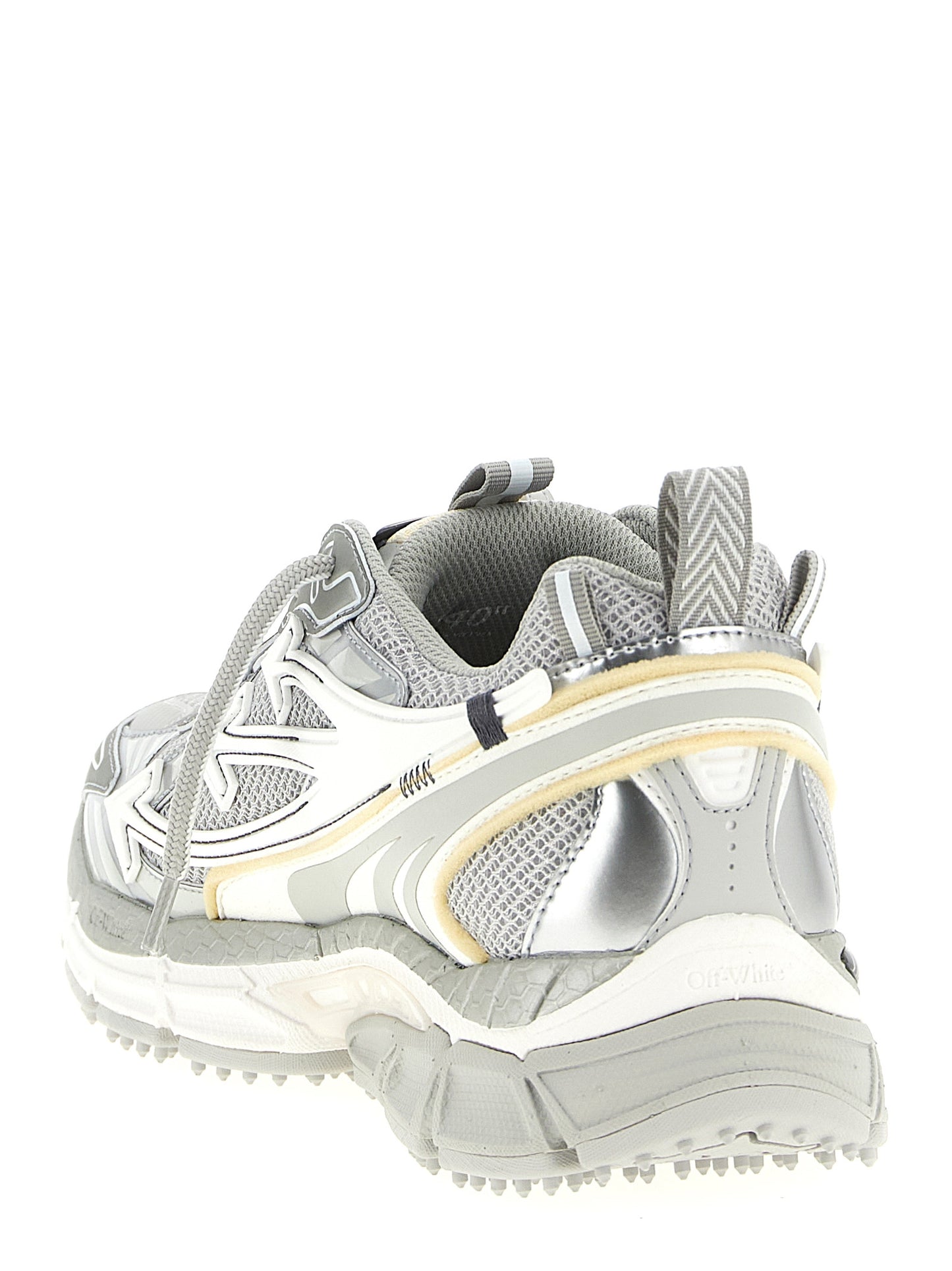 Athletic Sneakers by Off-White for men in polyester leather silver & white presents a sleek silhouette, perfectly capturing the athletic style essence of Men's Athletic Polyester Leather Sneakers with its sleek design and premium finish.