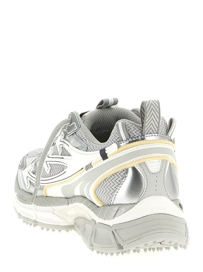 Athletic Sneakers by Off-White for men in polyester leather silver & white presents a sleek silhouette, perfectly capturing the athletic style essence of Men's Athletic Polyester Leather Sneakers with its sleek design and premium finish.