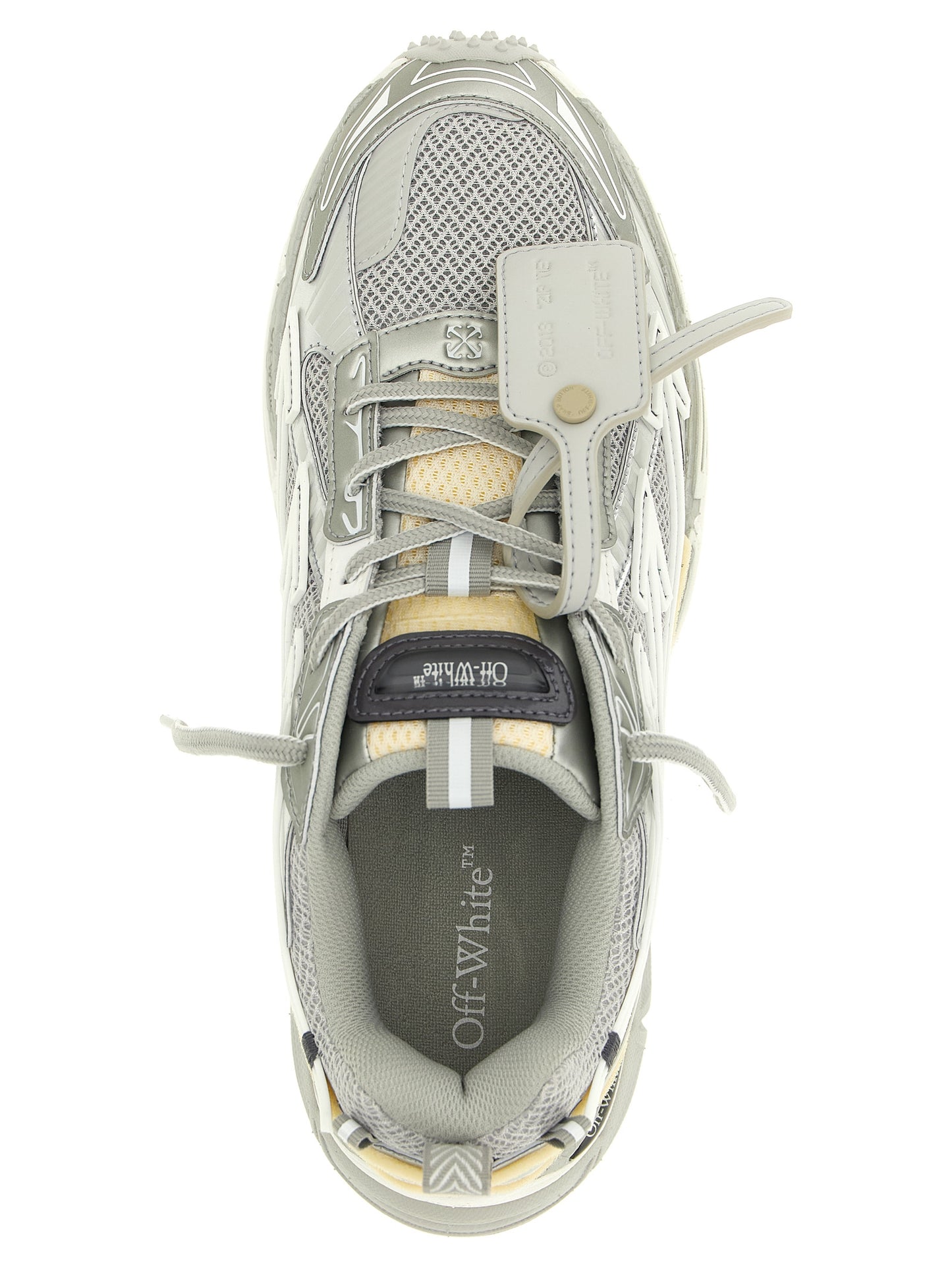 Athletic Sneakers by Off-White for men in polyester leather silver & white showcases an impeccable silhouette, defined by an impeccable athletic style design that perfectly captures the essence of the Men's Athletic Polyester Leather Sneakers.