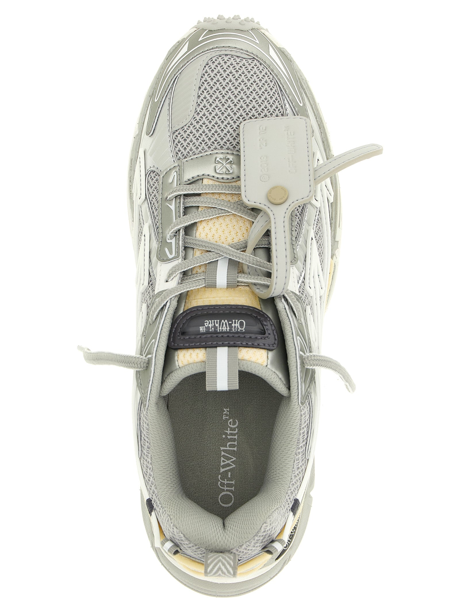 Athletic Sneakers by Off-White for men in polyester leather silver & white showcases an impeccable silhouette, defined by an impeccable athletic style design that perfectly captures the essence of the Men's Athletic Polyester Leather Sneakers.