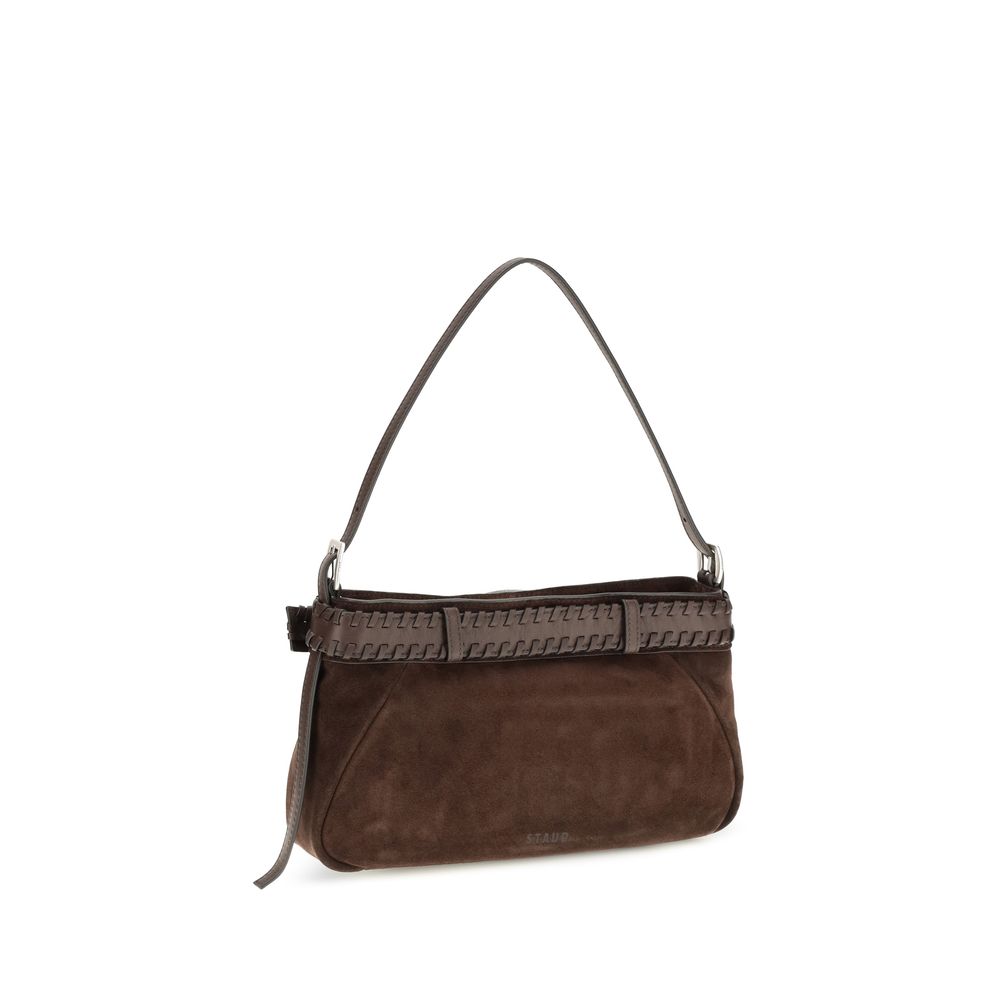 Shoulder Bag by Staud for women in cowhide & lamb leather brown & silver presents a versatile silhouette, showcasing a secure zipper & buckle and versatile with versatile shoulder-strap, adjustable-strap & handle for a sophisticated look.
