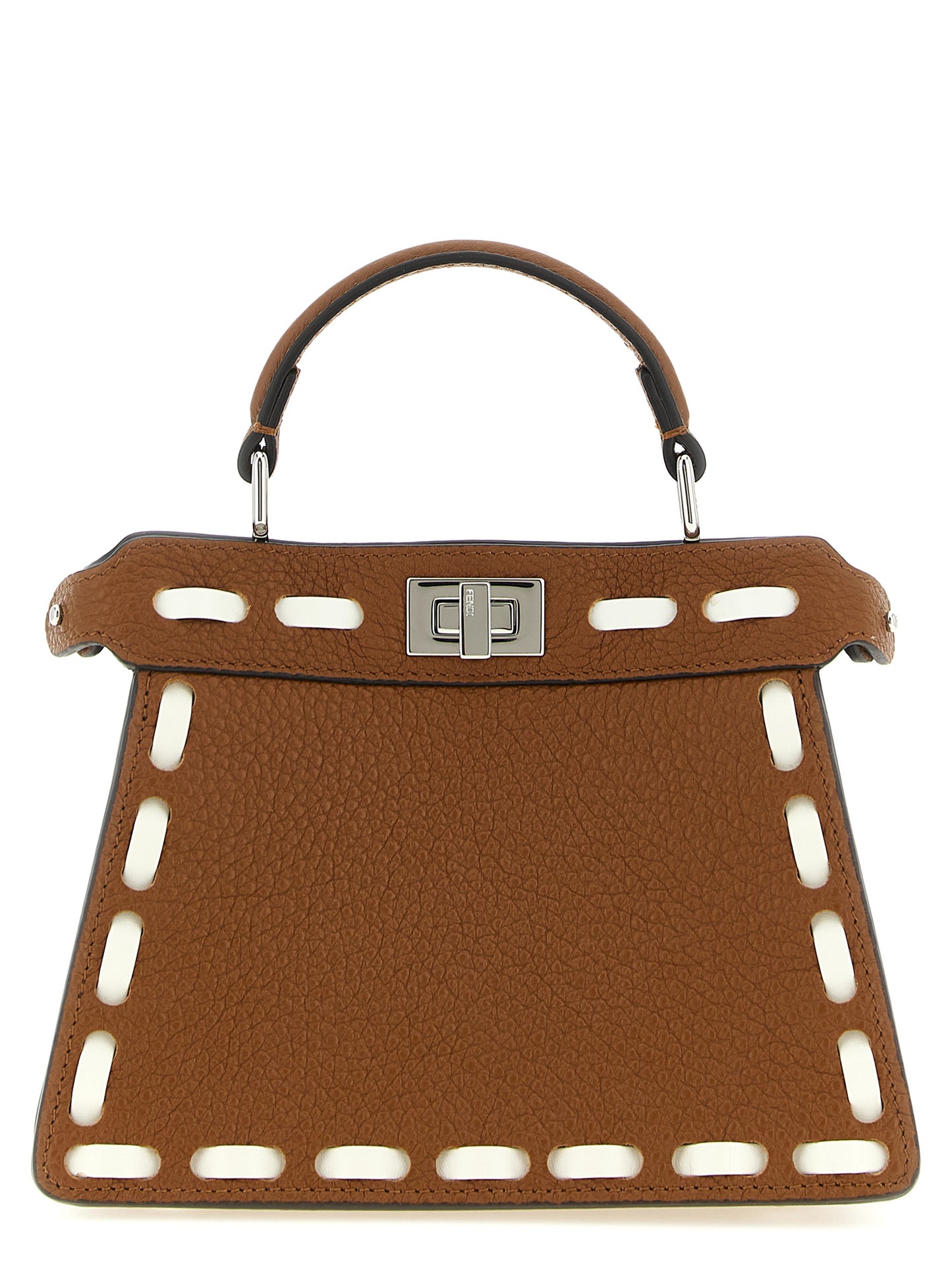 Handbag by Fendi for women in calfskin leather brown, silver & white features a signature silhouette, showcasing a secure turn-lock and signature built-in-compartments with versatile shoulder-strap, handle & adjustable-strap for a sophisticated look.