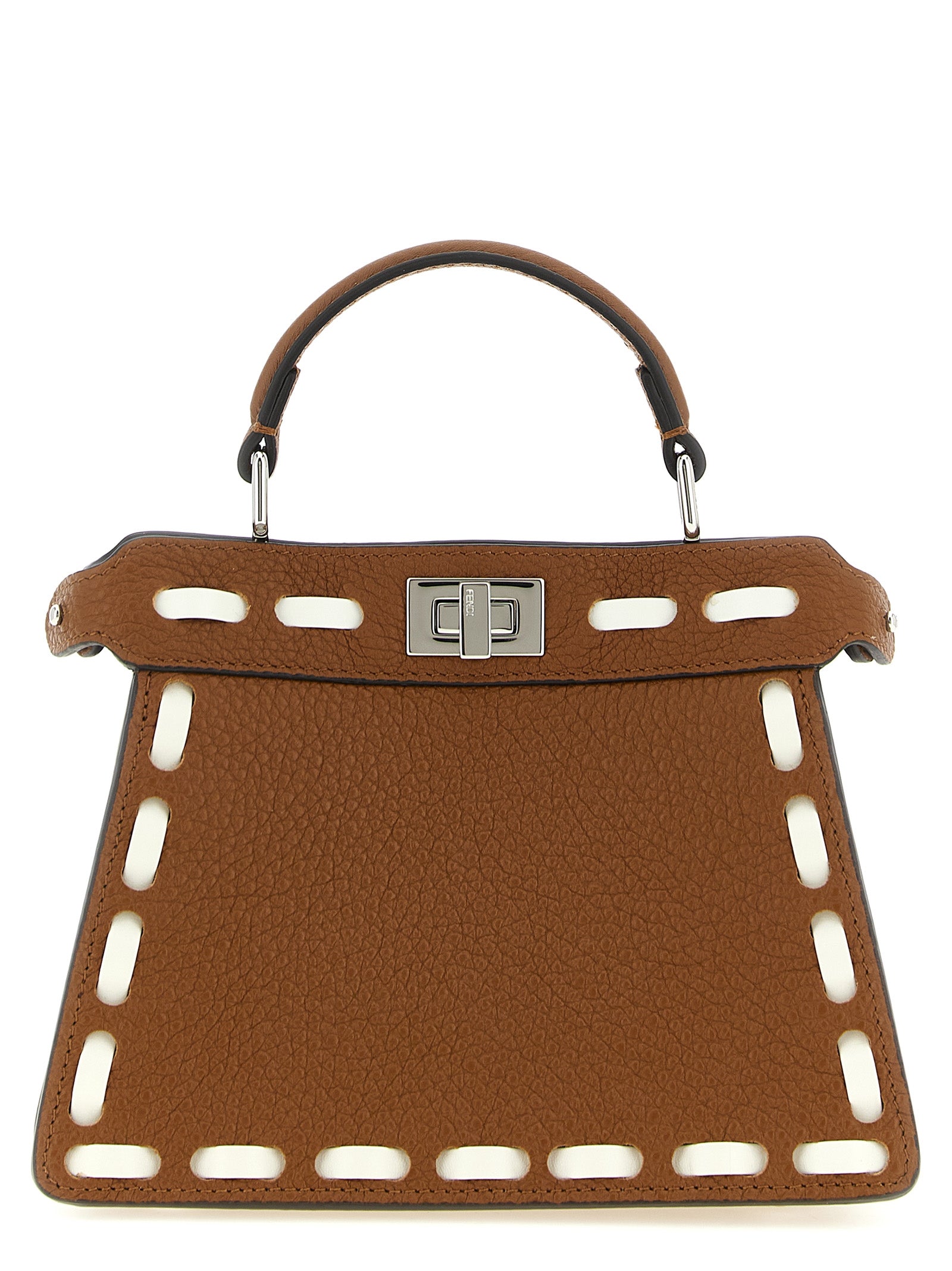 Handbag by Fendi for women in calfskin leather brown, silver & white features a signature silhouette, showcasing a secure turn-lock and signature built-in-compartments with versatile shoulder-strap, handle & adjustable-strap for a sophisticated look.