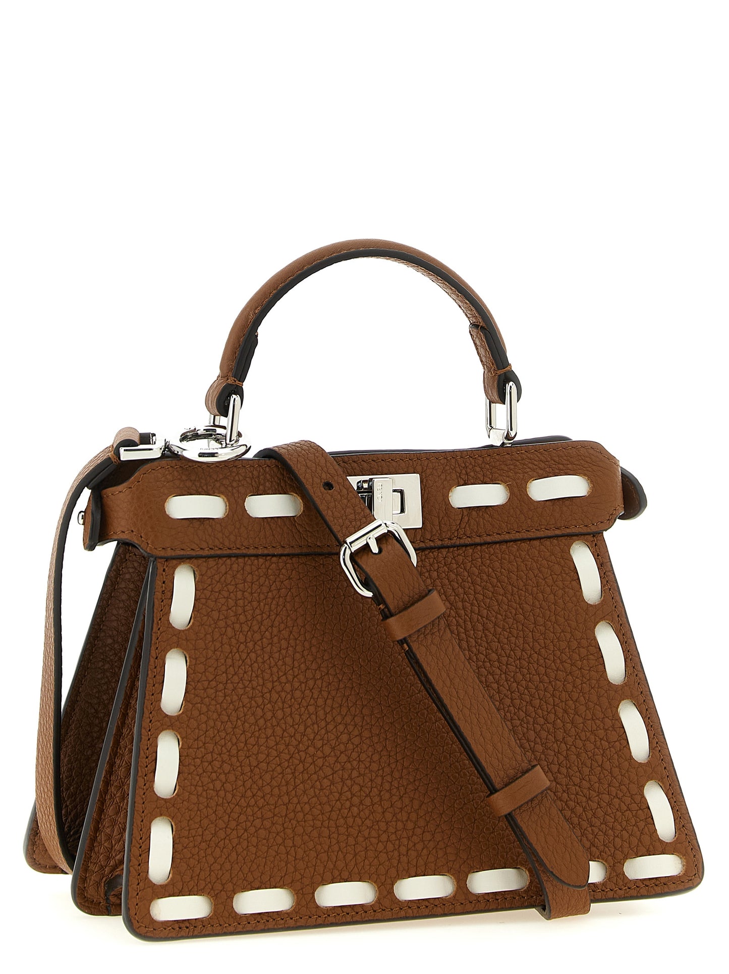 Handbag by Fendi for women in calfskin leather brown, silver & white presents a ornamental silhouette, showcasing a secure turn-lock, ample built-in-compartments, and versatile shoulder-strap, handle & adjustable-strap for a ornamental finish.