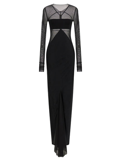 Dress by Rick Owens for women in silk nylon chiffon black & transparent presents a sinuous silhouette, showcasing a sophisticated boat neckline and long-sleeve detailed with a sinuous long for a refined finish.