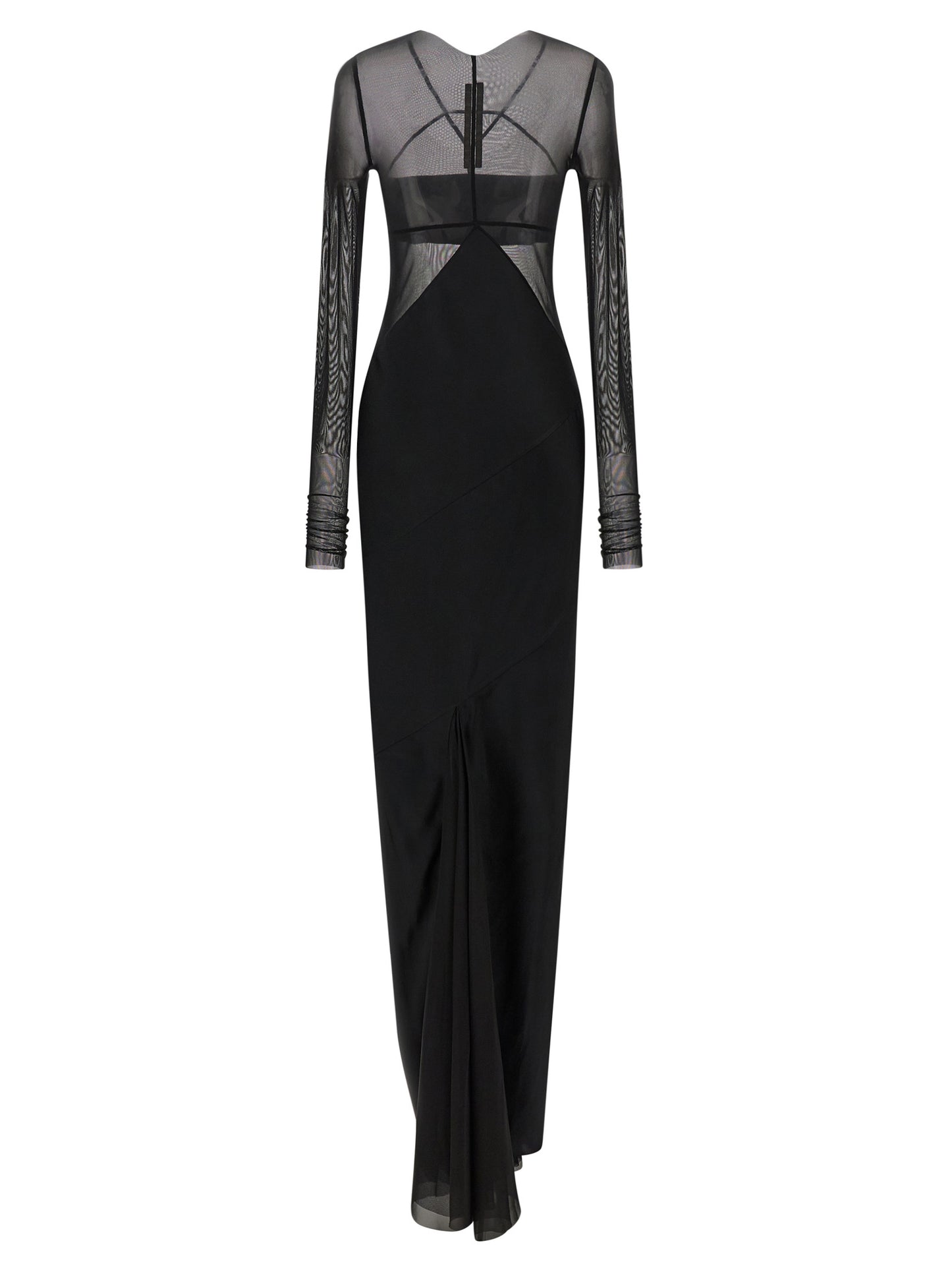 Dress by Rick Owens for women in silk nylon chiffon black & transparent features an eye catching silhouette with a sophisticated boat neckline, elegant , and a refined long for a eye catching aesthetic.