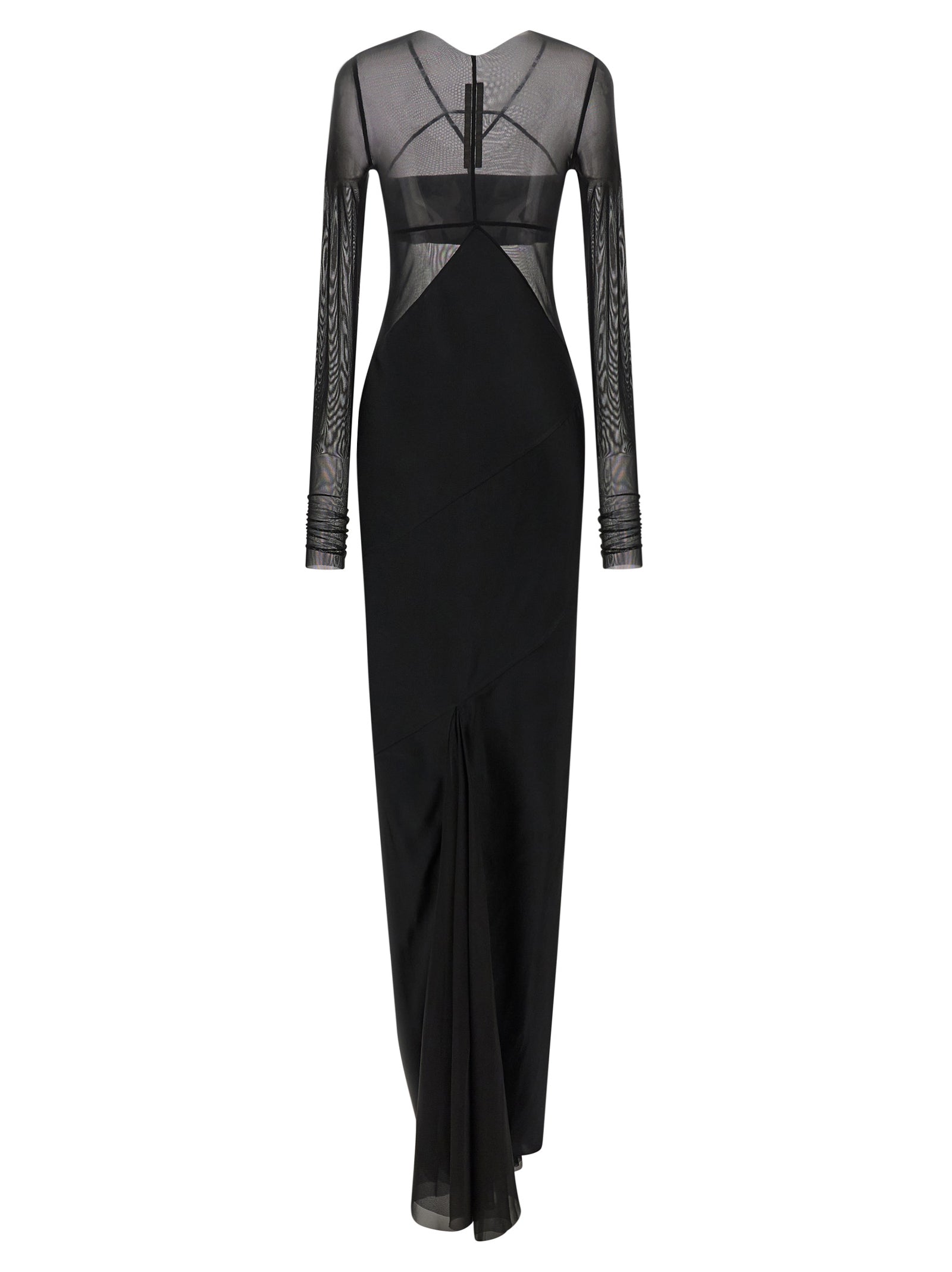 Dress by Rick Owens for women in silk nylon chiffon black & transparent features an eye catching silhouette with a sophisticated boat neckline, elegant , and a refined long for a eye catching aesthetic.