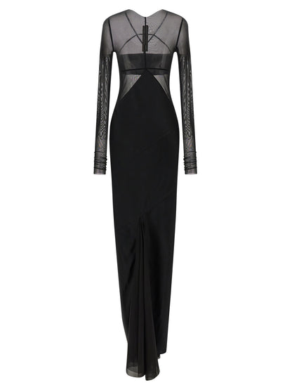 Dress by Rick Owens for women in silk nylon chiffon black & transparent features an eye catching silhouette with a sophisticated boat neckline, elegant , and a refined long for a eye catching aesthetic.